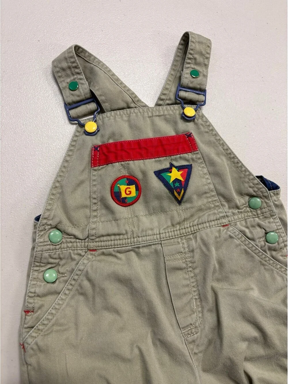 Vintage 90s Gymboree Baby Overalls Small Colorblock Patch Snap Romper USA VTG